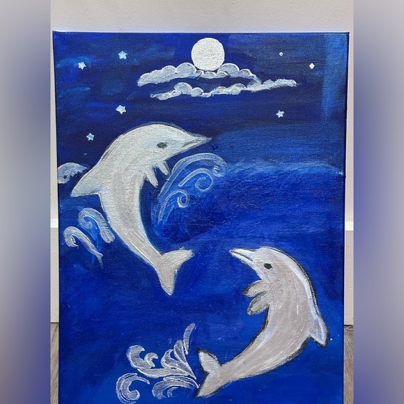 Handmade Other - Blue and Gray Dolphin Art Painting